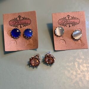 3 Pair Plunder Post Earrings Blue, Sea Mist Green & Rose Crystal New Never Worn
